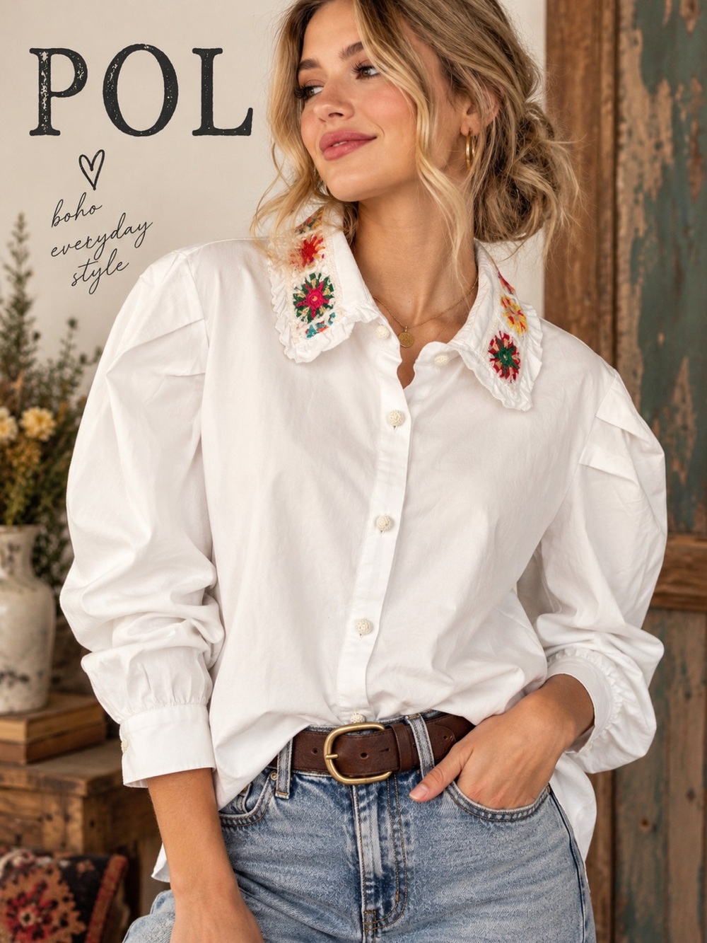 POL White Cotton Crochet Granny Square Ruffle Boho Shirt Large